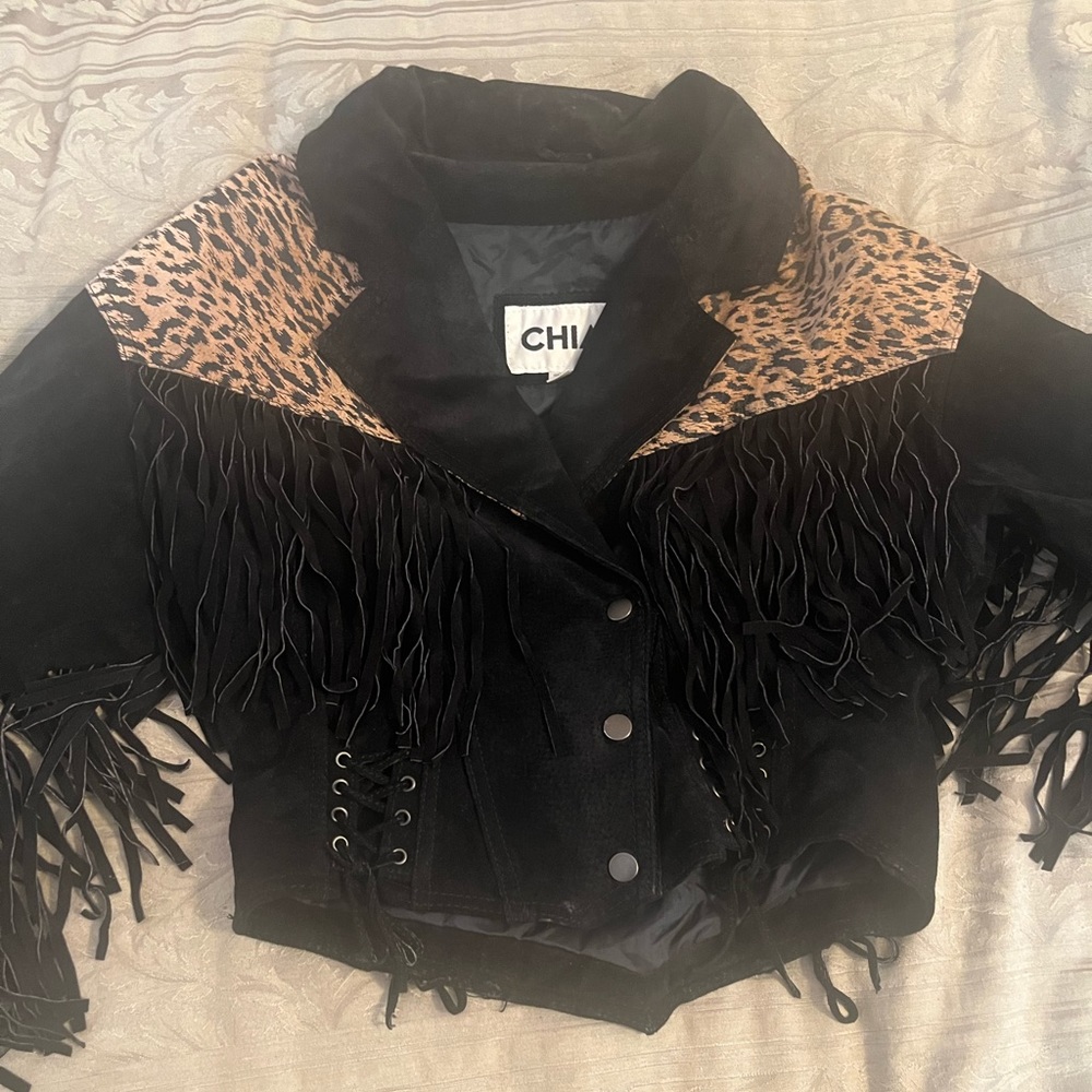 Suede crop fringe animal print jacket